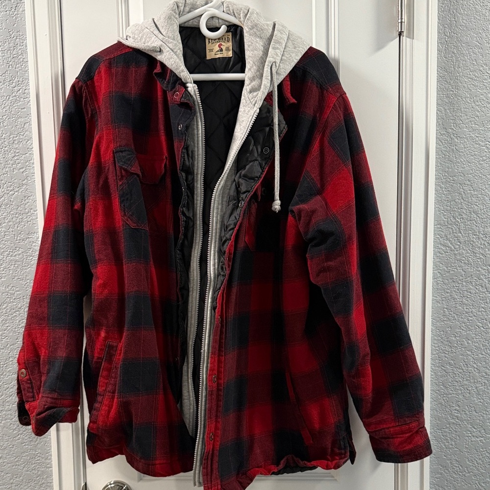 Wrangler Red and Black Plaid Shirt Jacket with Hood